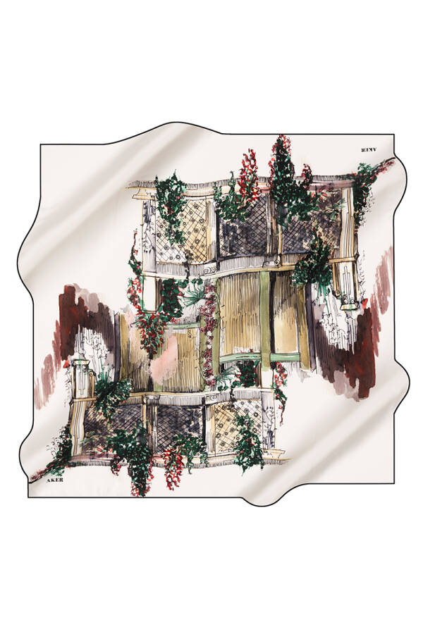Çiçek Desenli 90X90 Aker İpek Krep Saten Eşarp - 1