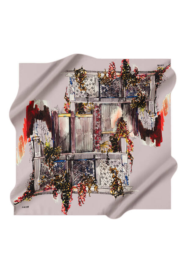 Çiçek Desenli 90X90 İpek Krep Saten Eşarp - 1