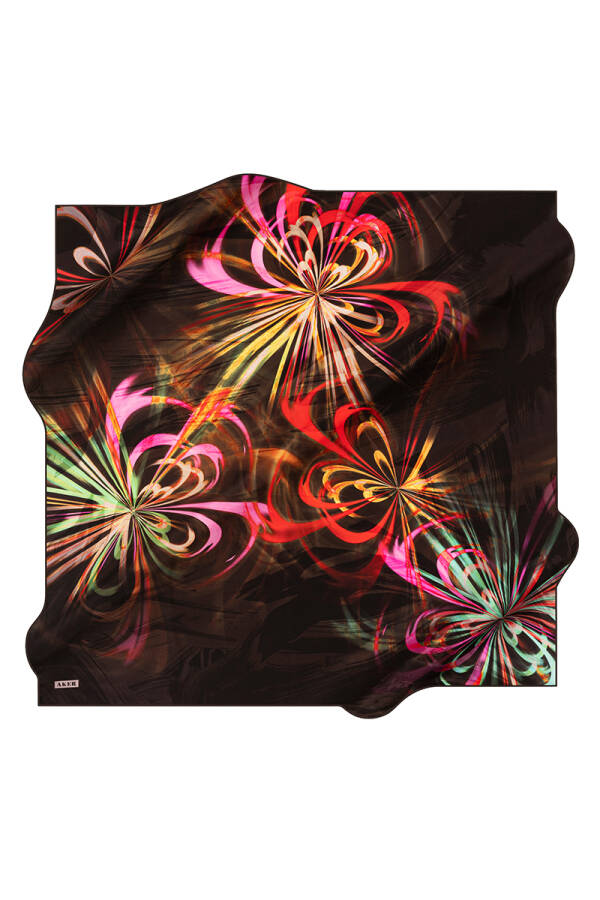 Çiçek Desenli 90X90 İpek Krep Saten Eşarp - 1