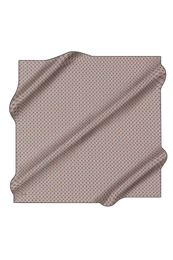 Bej İpek Kare Geometrik Desenli Eşarp - 1