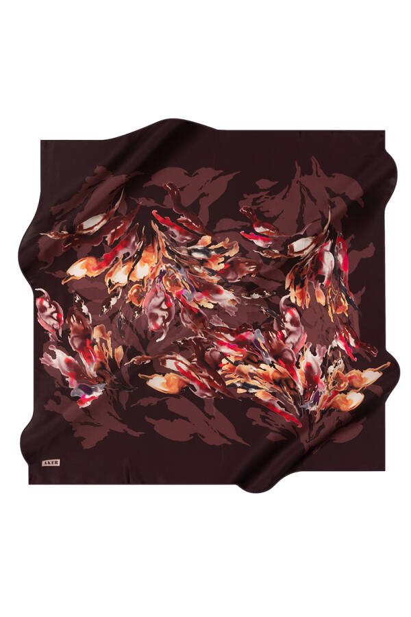 Çiçek Desenli 90X90 İpek Krep Saten Eşarp - 1