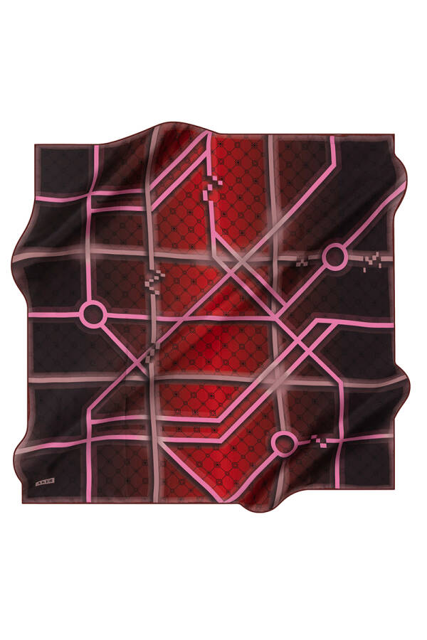 Bordo İpek Kare Geometrik Desenli Eşarp - 1