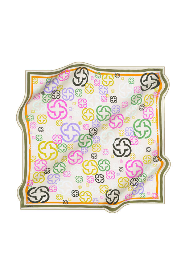 Logo Desenli 90X90 İpek Krep Saten Eşarp - 1