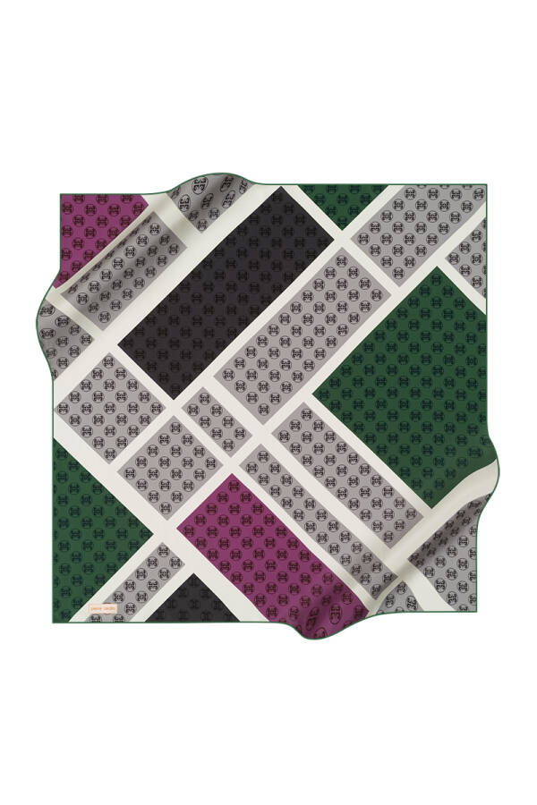 Logo Desenli 90X90 İpek Krep Saten Eşarp - 1