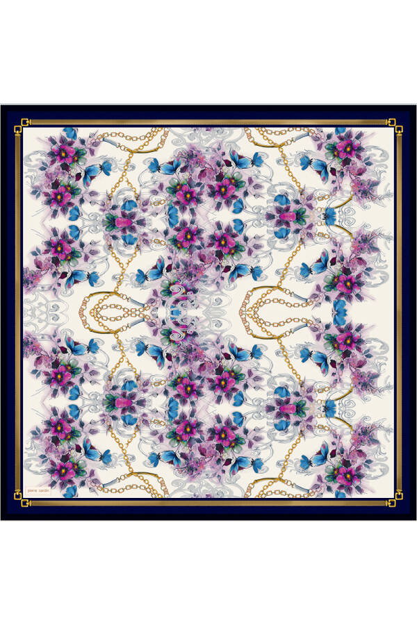 Lacivert Çiçek Desenli 90X90 İpek Krep Saten Eşarp - 1