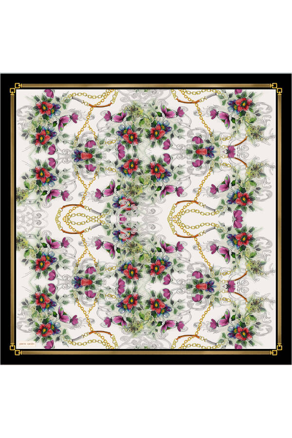 Siyah Çiçek Desenli 90X90 İpek Krep Saten Eşarp - 1
