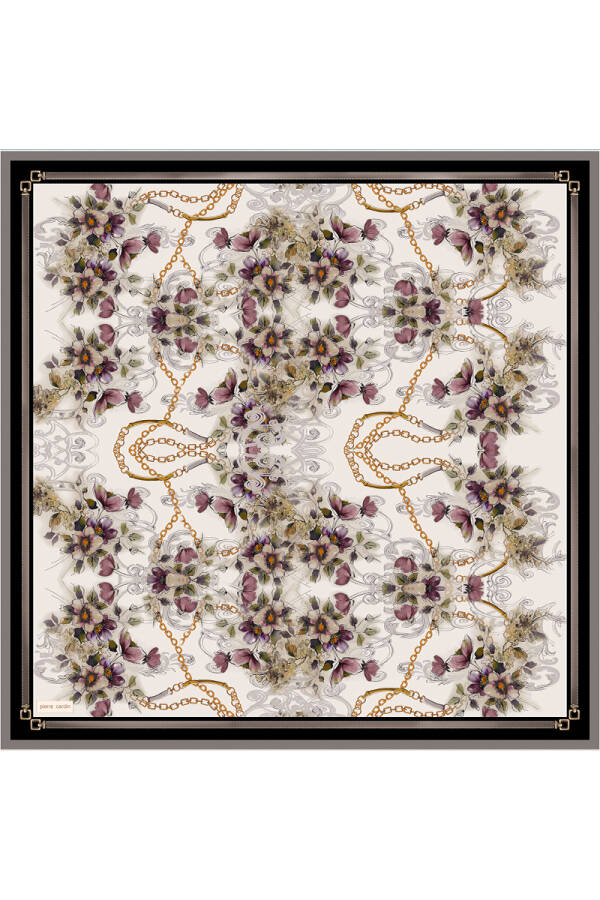Siyah Çiçek Desenli 90X90 İpek Krep Saten Eşarp - 1