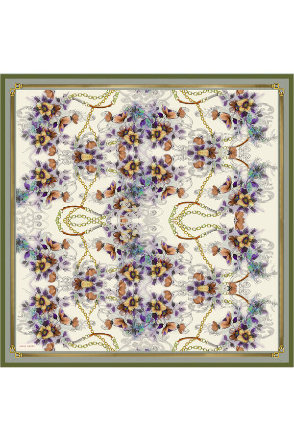 Yeşil Çiçek Desenli 90X90 İpek Krep Saten Eşarp - 1