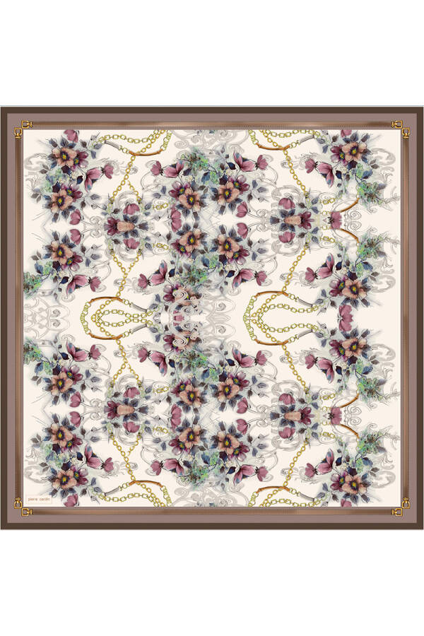 Kahverengi Çiçek Desenli 90X90 İpek Krep Saten Eşarp - 1
