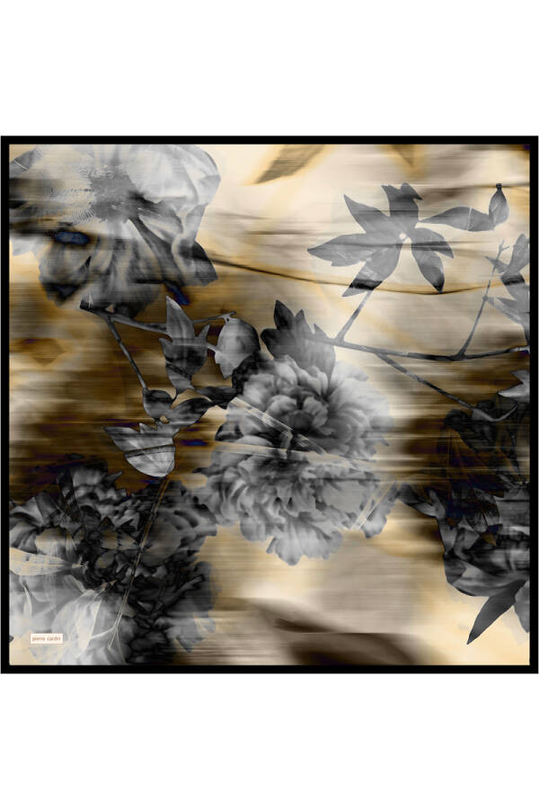 Siyah Çiçek Desenli 90X90 İpek Krep Saten Eşarp - 1