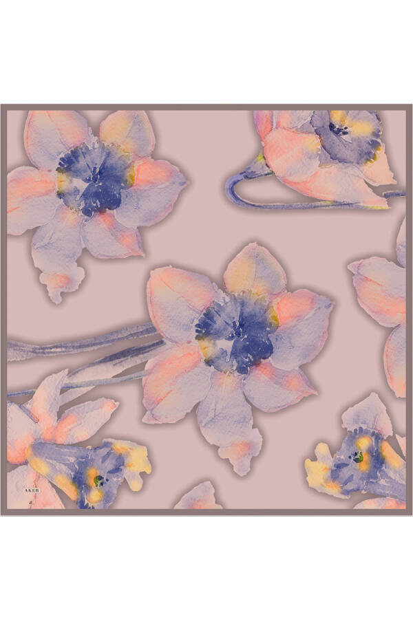 Pembe Çiçek Desenli İpek Twill Eşarp - 1