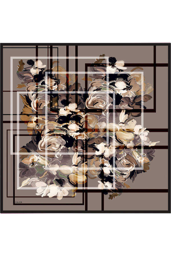 Kahverengi Çiçek Desenli İpek Twill Eşarp - 1