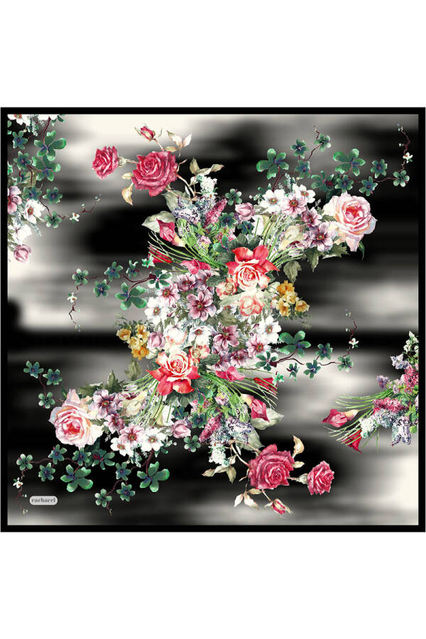 Siyah Çiçek Desenli İpek Twill Eşarp - Cacharel