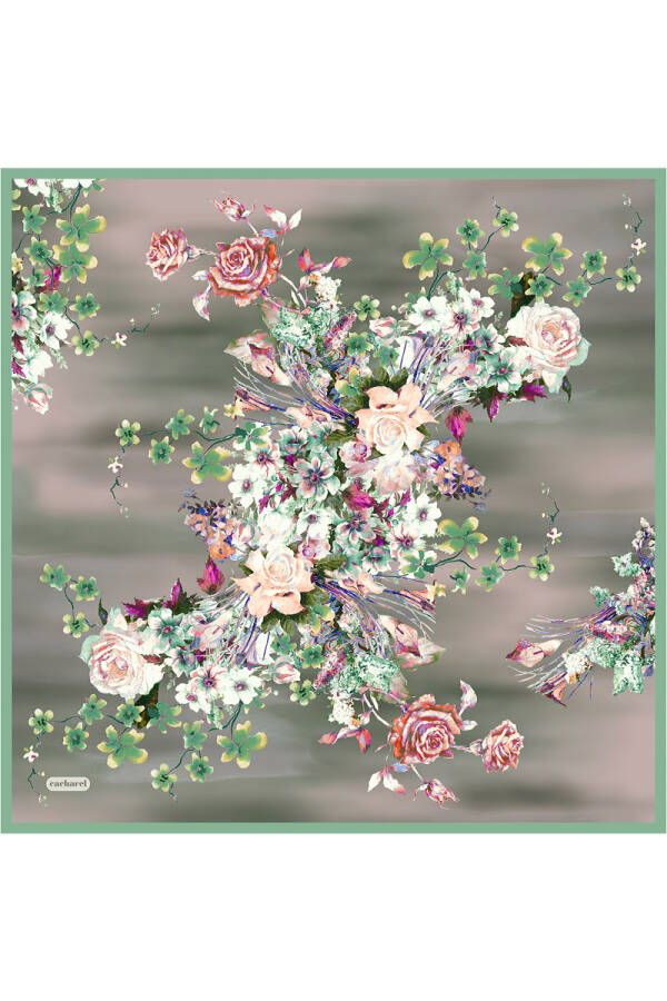 Yeşil Çiçek Desenli İpek Twill Eşarp - Cacharel