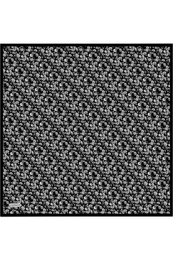 Siyah Çiçek Desenli İpek Twill Eşarp - Cacharel