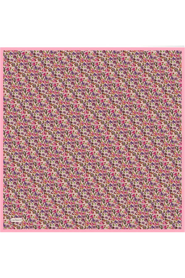 Pembe Çiçek Desenli İpek Twill Eşarp - Cacharel