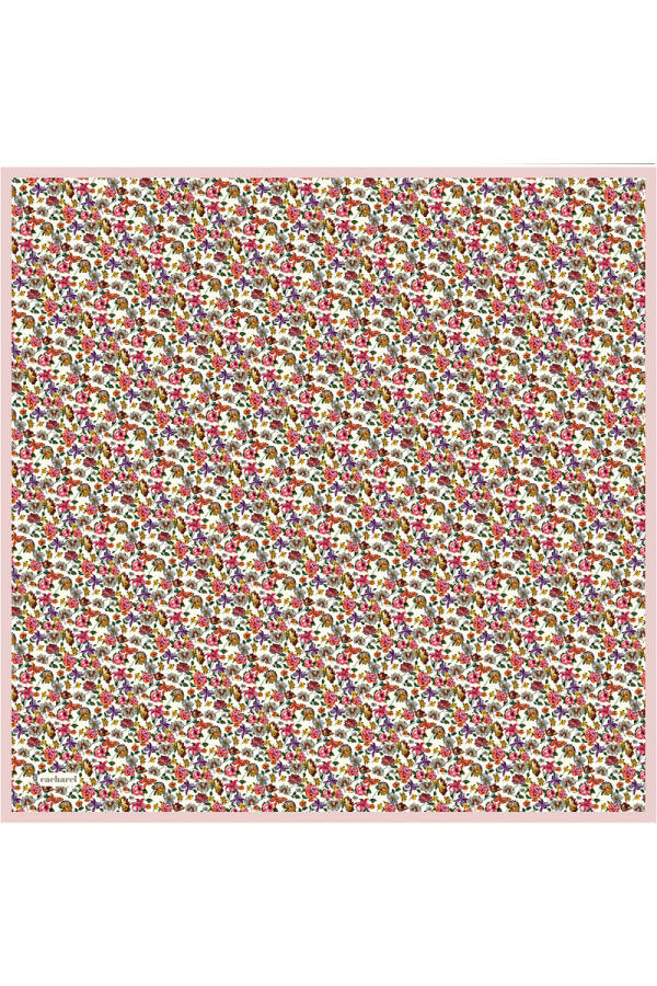 Bej Çiçek Desenli İpek Twill Eşarp - 1