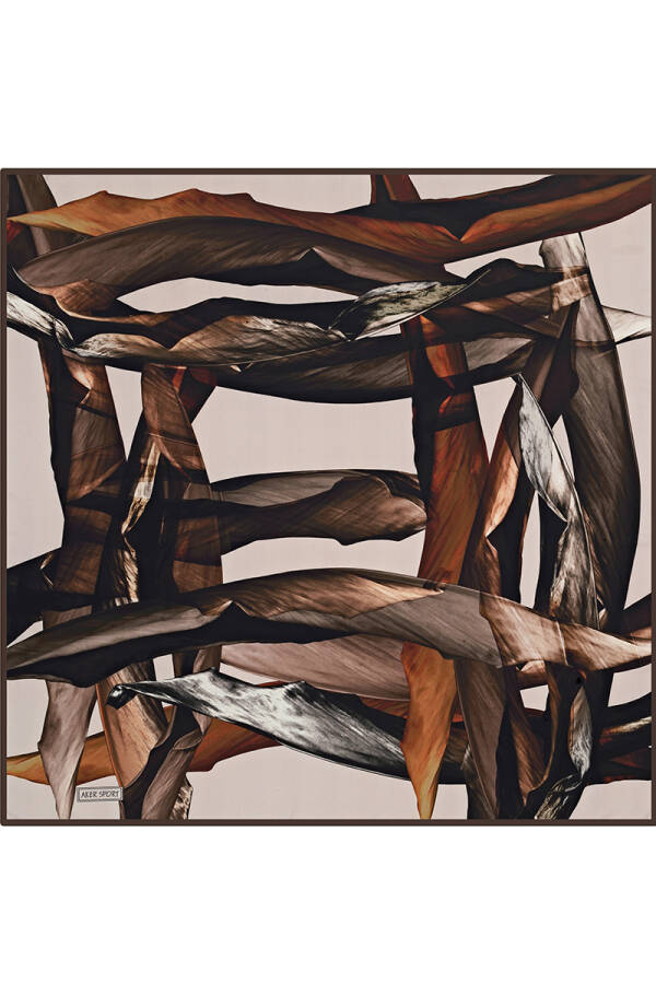 Bej Yaprak Desenli İpek Krep Saten Eşarp - 1