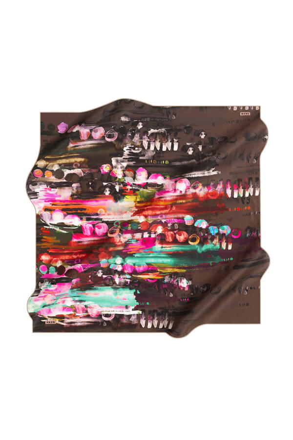 Fırça Desenli 90X90 Aker İpek Krep Saten Eşarp - 1