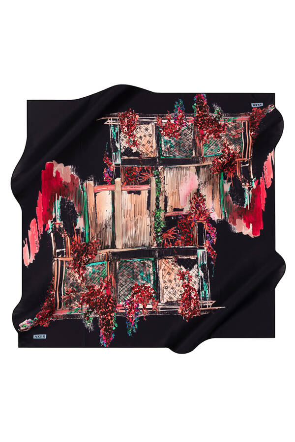 Fırça Desenli 90X90 Aker İpek Krep Saten Eşarp - Aker