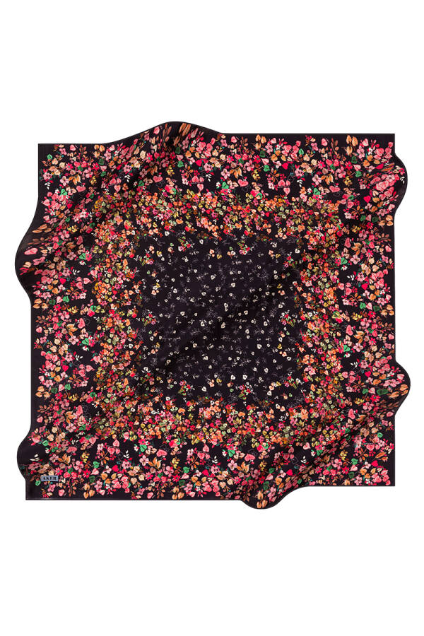 Çiçek Desenli 90X90 Aker İpek Krep Saten Eşarp - 1
