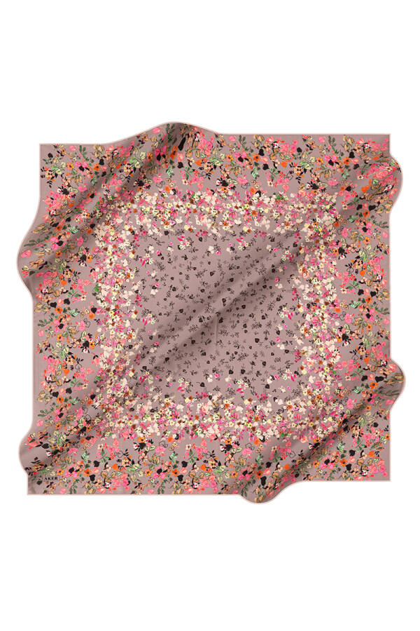 Çiçek Desenli 90X90 Aker İpek Krep Saten Eşarp - Aker