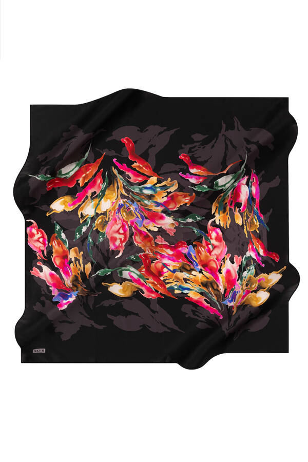 Çiçek Desenli 90X90 Aker İpek Tivil Eşarp - 1