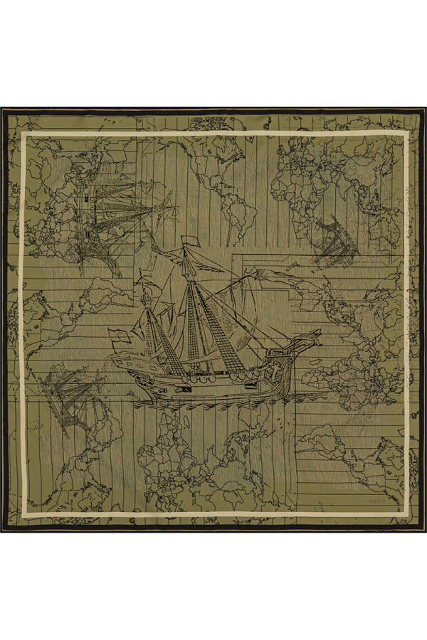 Renkli 90X90 Bosphorus Çift Taraflı İpek Twill Eşarp - Aker (1)