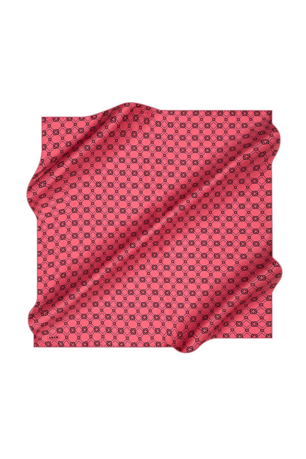 Pembe İpek Kare Logo Desenli Eşarp - 1