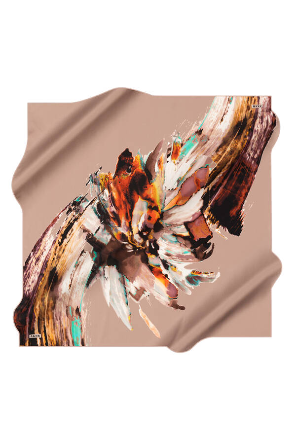 Bej İpek Kare Fırça Desenli Eşarp - 1