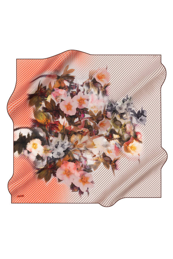 Çiçek Desenli 90X90 Aker İpek Krep Saten Eşarp - 1