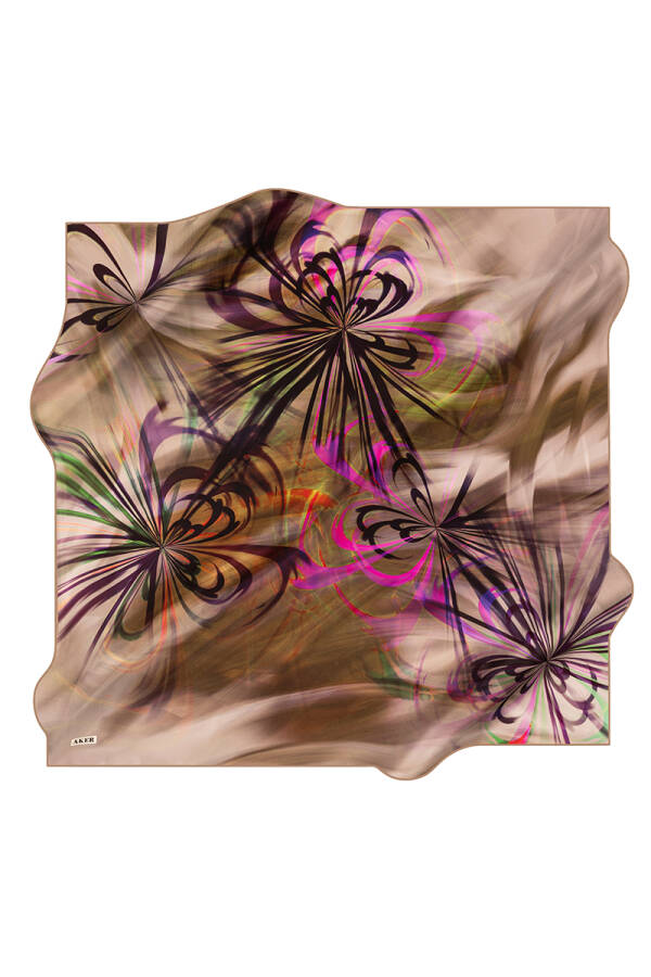 Çiçek Desenli 90X90 Aker İpek Krep Saten Eşarp - Aker