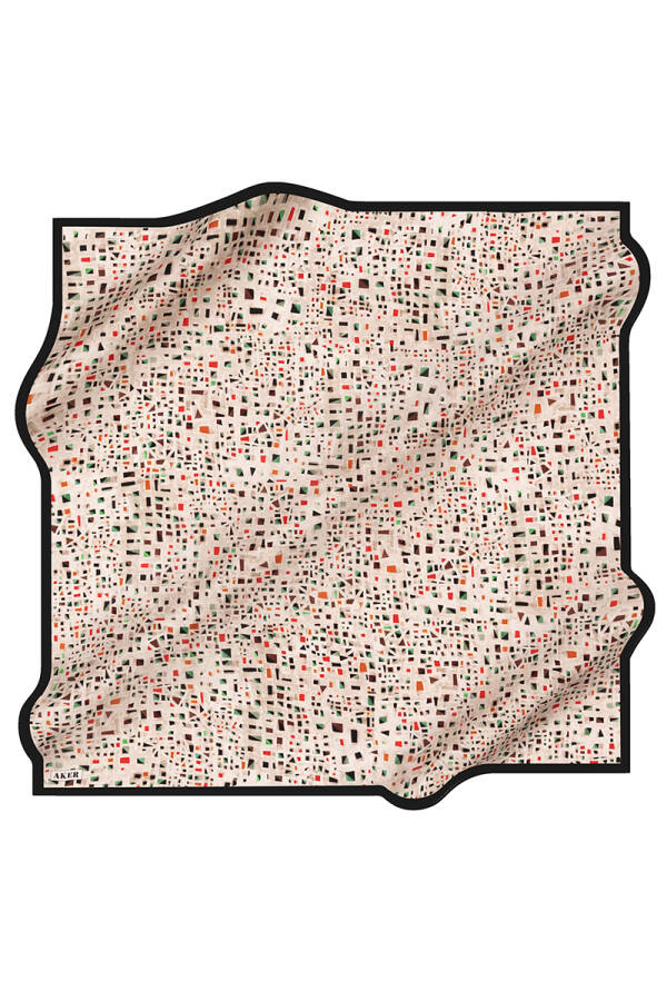 Bej İpek Siyah Kenarlı Kare Geometrik Desenli Eşarp - 1