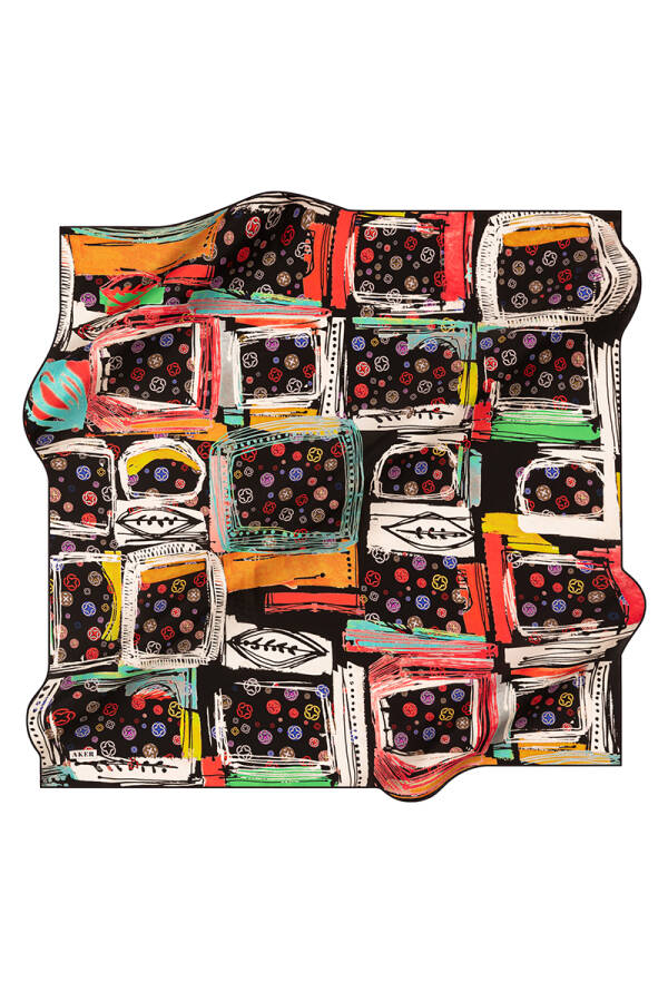 Geometrik Desenli 90X90 Aker İpek Krep Saten Eşarp - 1