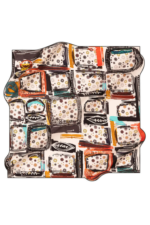 Geometrik Desenli 90X90 İpek Krep Saten - Aker