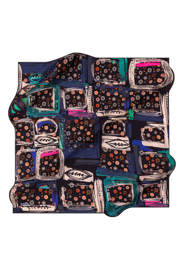 Geometrik Desenli 90X90 Aker İpek Krep Saten Eşarp - 1