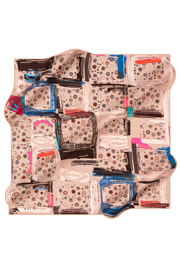 Geometrik Desenli 90X90 Aker İpek Krep Saten Eşarp - Aker