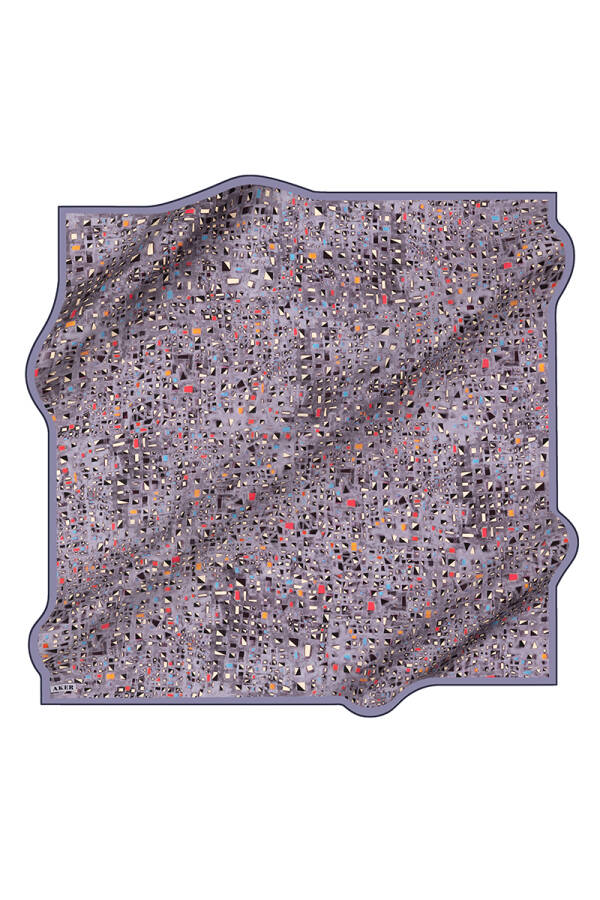 Lila İpek Kare Geometrik Desenli Eşarp - 1