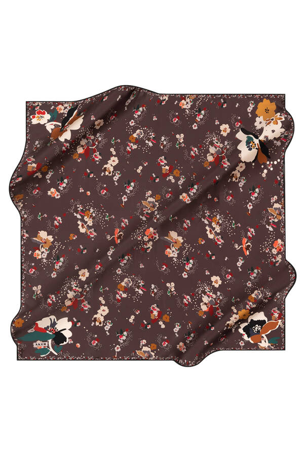 Çiçek Desenli 90X90 İpek Krep Saten Eşarp - 1