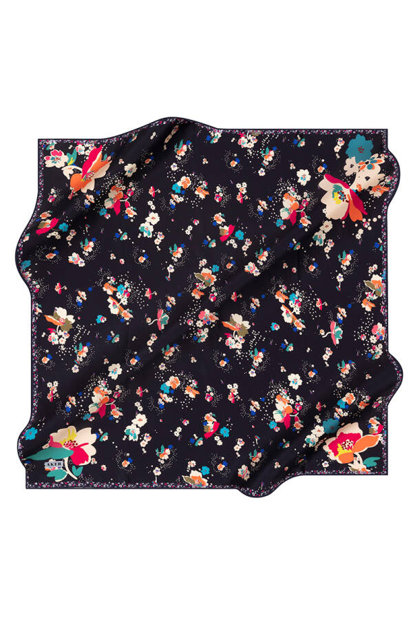 Çiçek Desenli 90X90 Aker İpek Krep Saten Eşarp - Aker