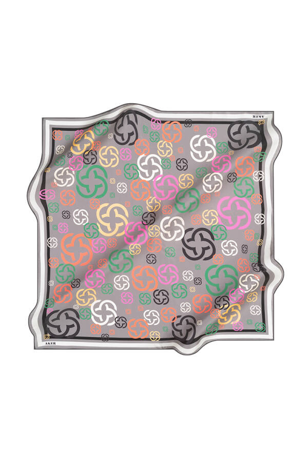 Logo Desenli 90X90 İpek Krep Saten Eşarp - 1