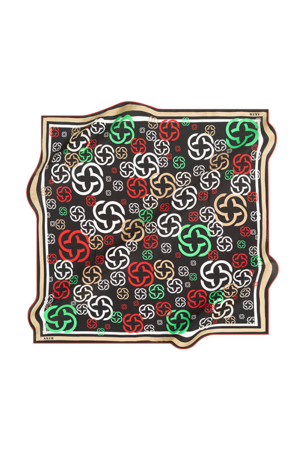 Logo Desenli 90X90 İpek Krep Saten Eşarp - 1