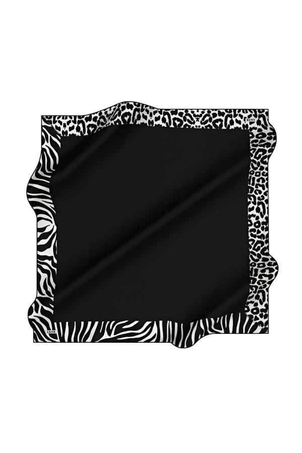 Siyah Leopar Desenli 90X90 İpek Krep Saten Eşarp - 1