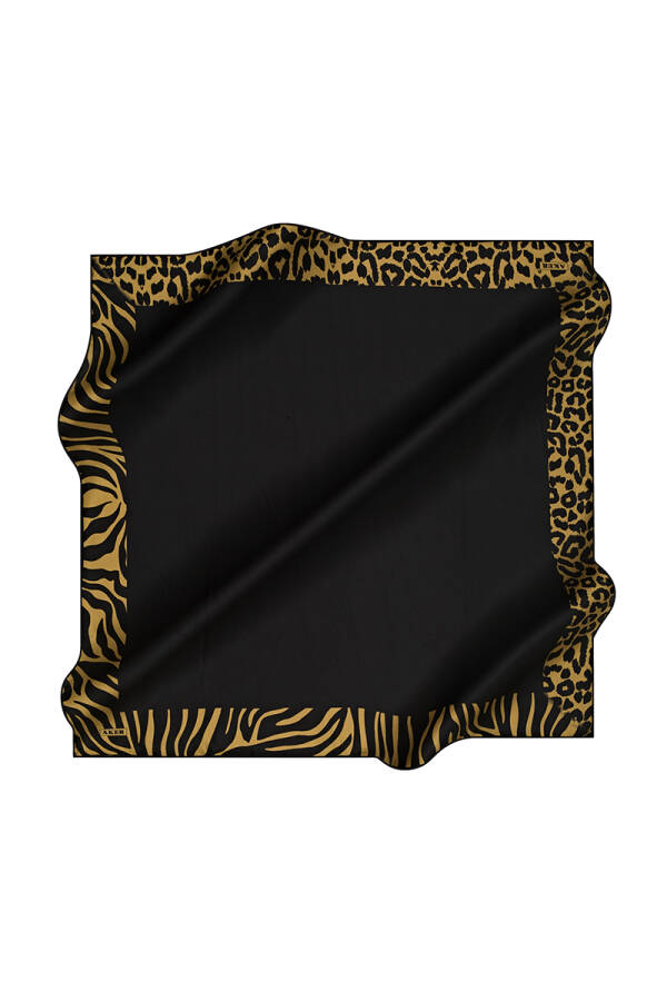 Siyah Leopar Desenli 90X90 İpek Krep Saten Eşarp - 1