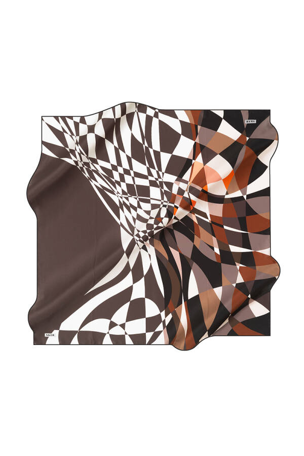Kahverengi İpek Kare Geometrik Desenli Eşarp - 1