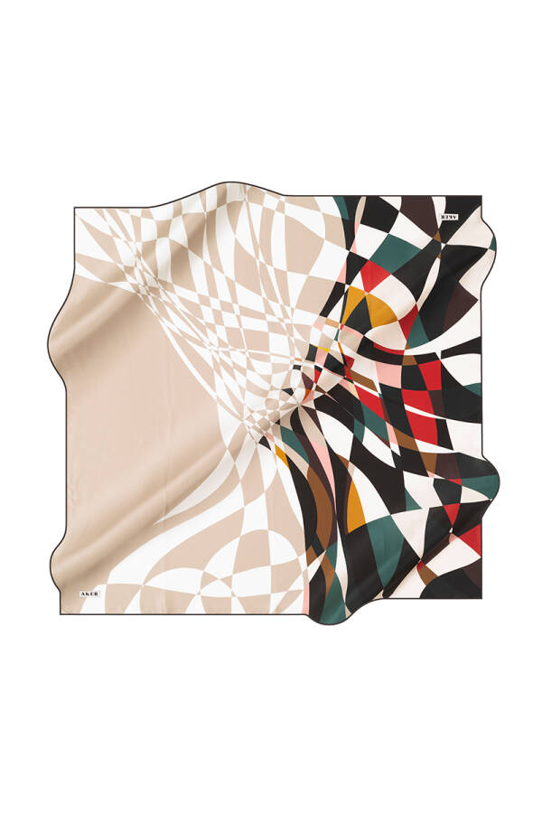 Geometrik Desenli 90X90 İpeK Krep Saten Eşarp - 1