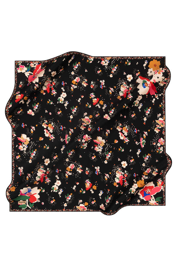 Çiçek Desenli 90X90 Aker İpek Tivil Eşarp - 1