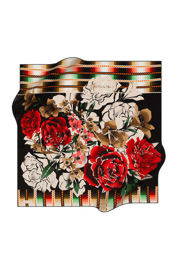 Çiçek Desenli 90X90 İpek Krep Saten Eşarp - 1