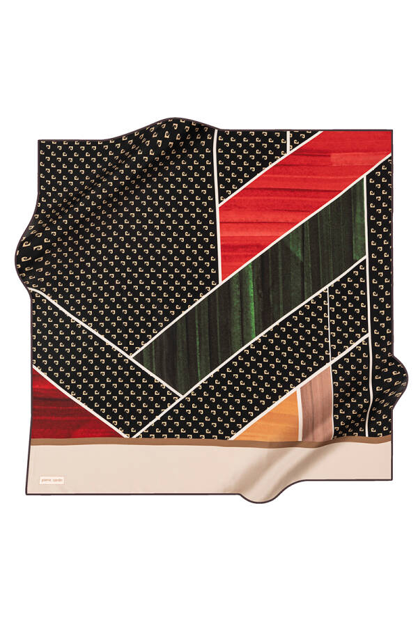 Siyah İpek Kare Geometrik Desenli Eşarp - 2