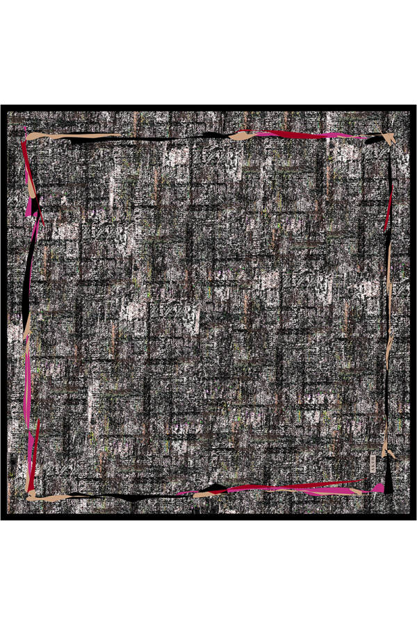 Siyah Fırça Desenli İpek Krep Saten Eşarp - 1